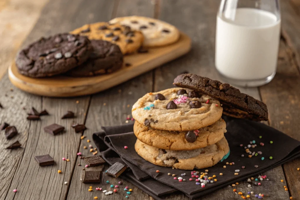 Assorted Crumbl cookies on a wooden table with milk