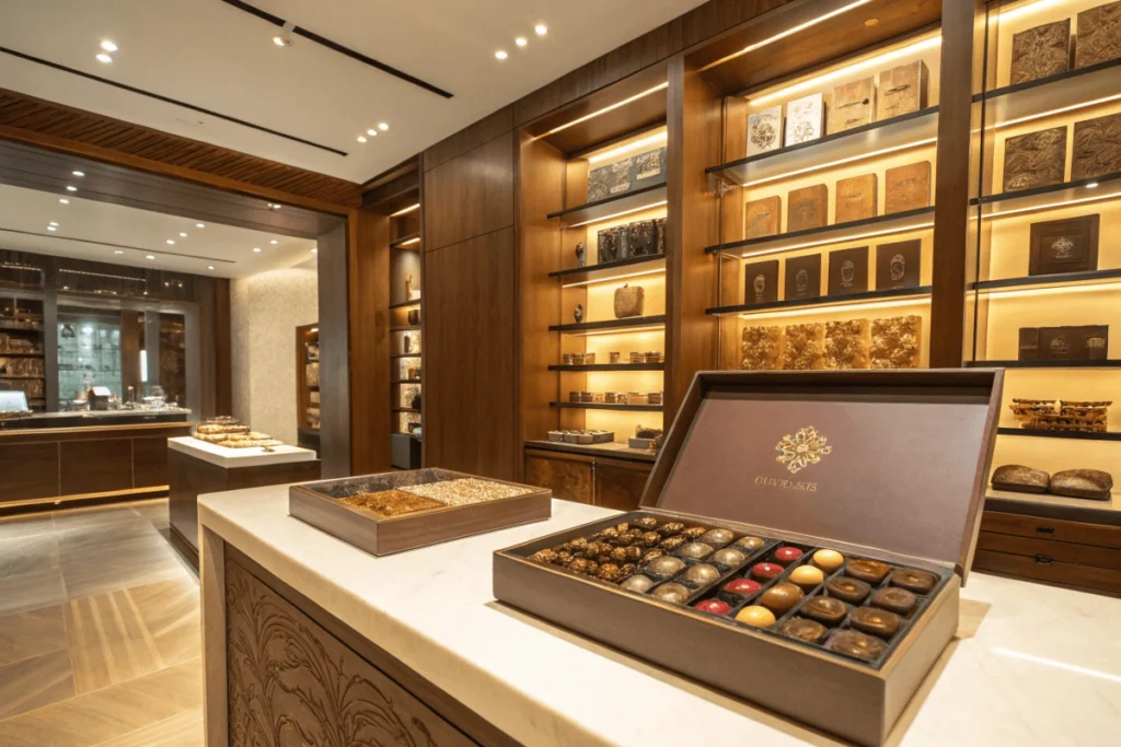 Artisanal chocolate display in a luxury Dubai boutique