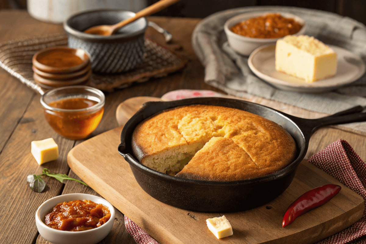 Southern and Northern cornbread with butter and honey