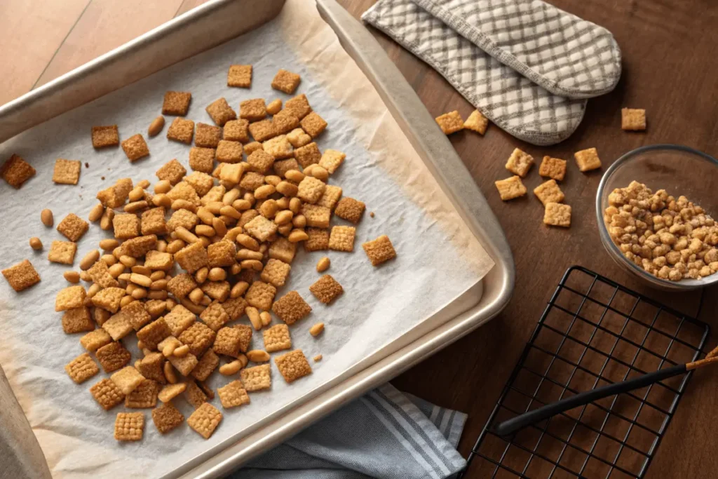 Golden-brown Chex Mix spread on a baking sheet