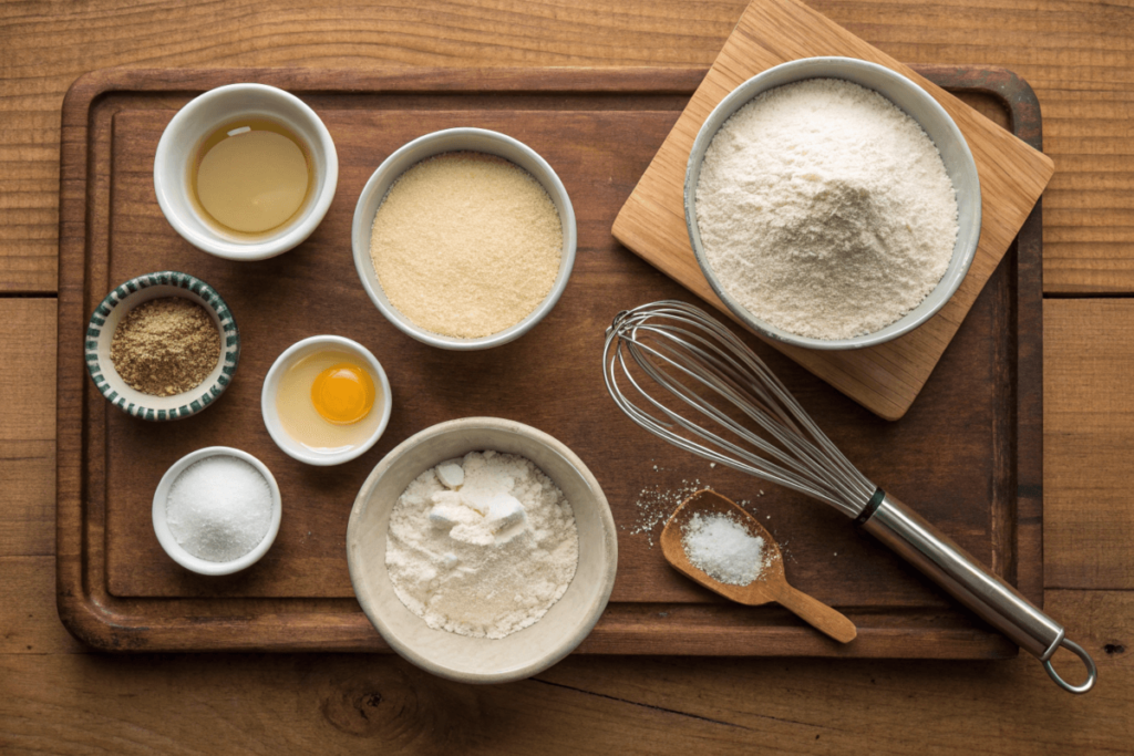 Ingredients for homemade hotcake mix arranged on a wooden counter