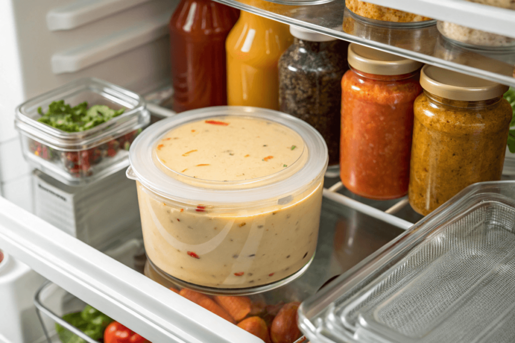 Smoked queso stored in an airtight glass container in a refrigerator