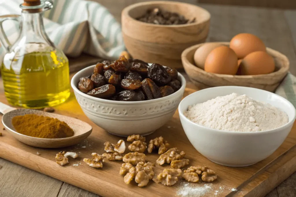 Ingredients for Neuman's Date Nut Bread including dates, walnuts, and flour