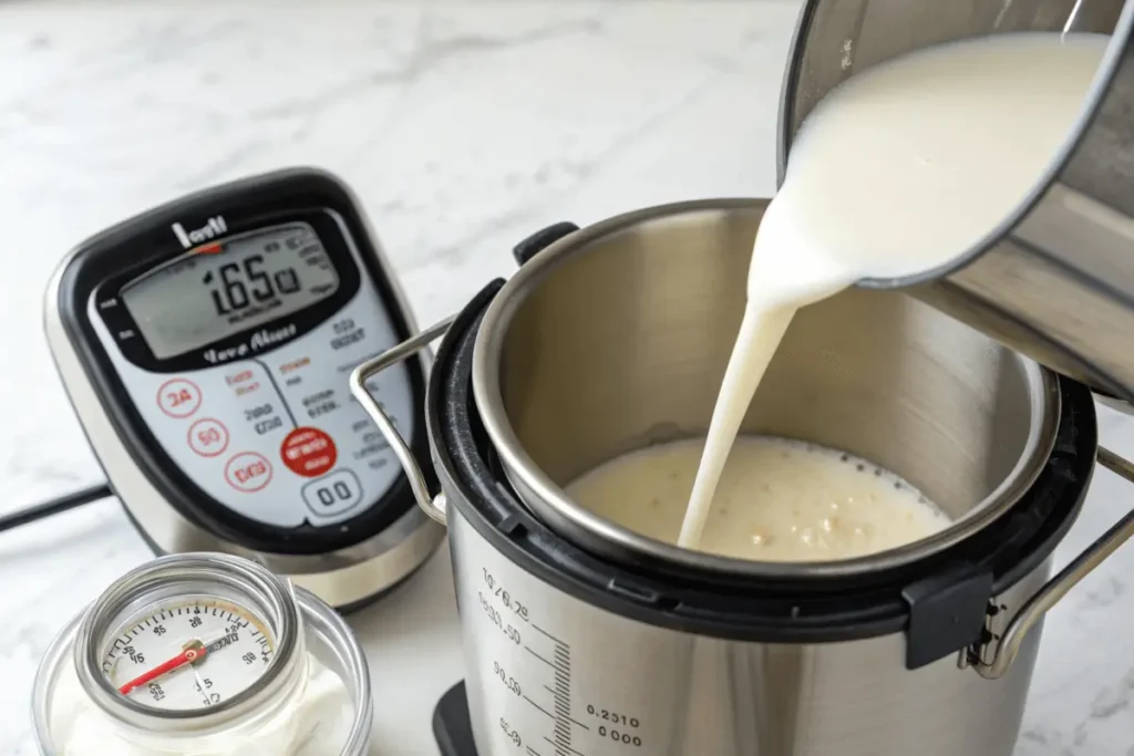 Milk being poured into an Instant Pot with a thermometer