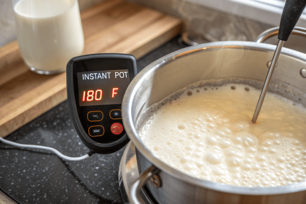 Boiling milk in an Instant Pot with a thermometer showing 180°F