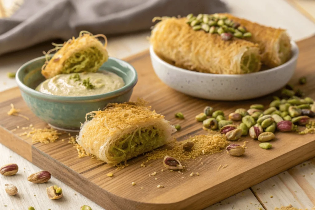 Toasted kataifi pastry with pistachios and tahini paste