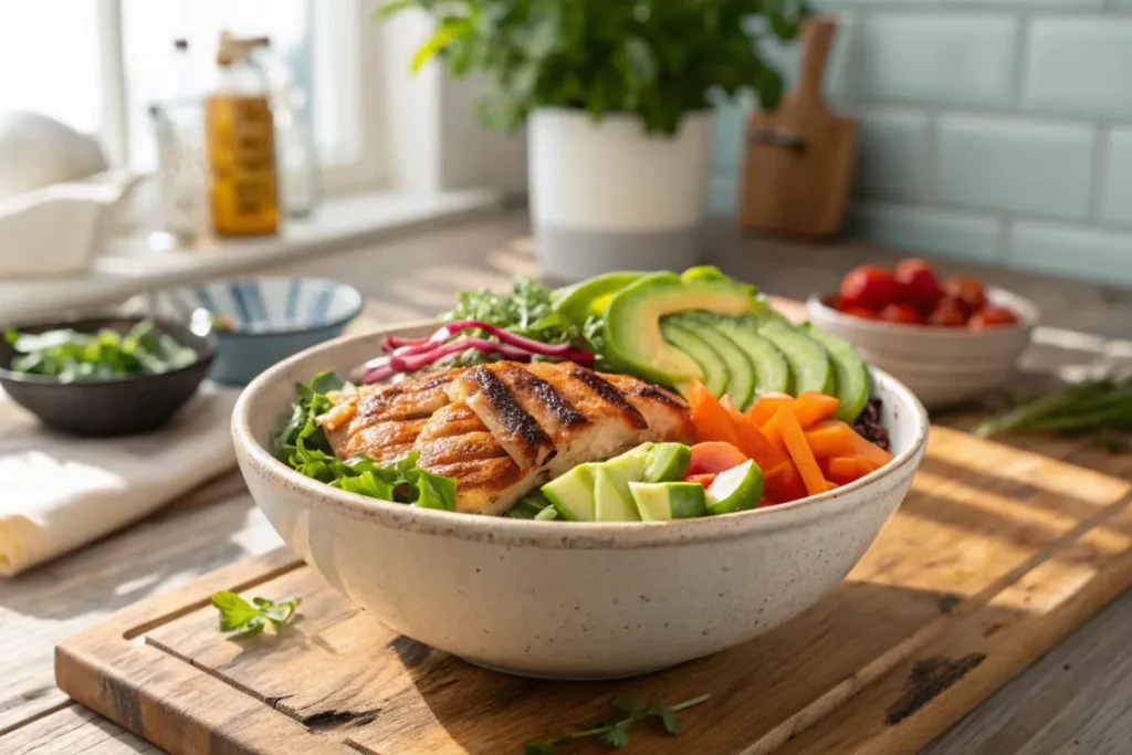 High-protein burger bowl with chicken, vegetables, and toppings.