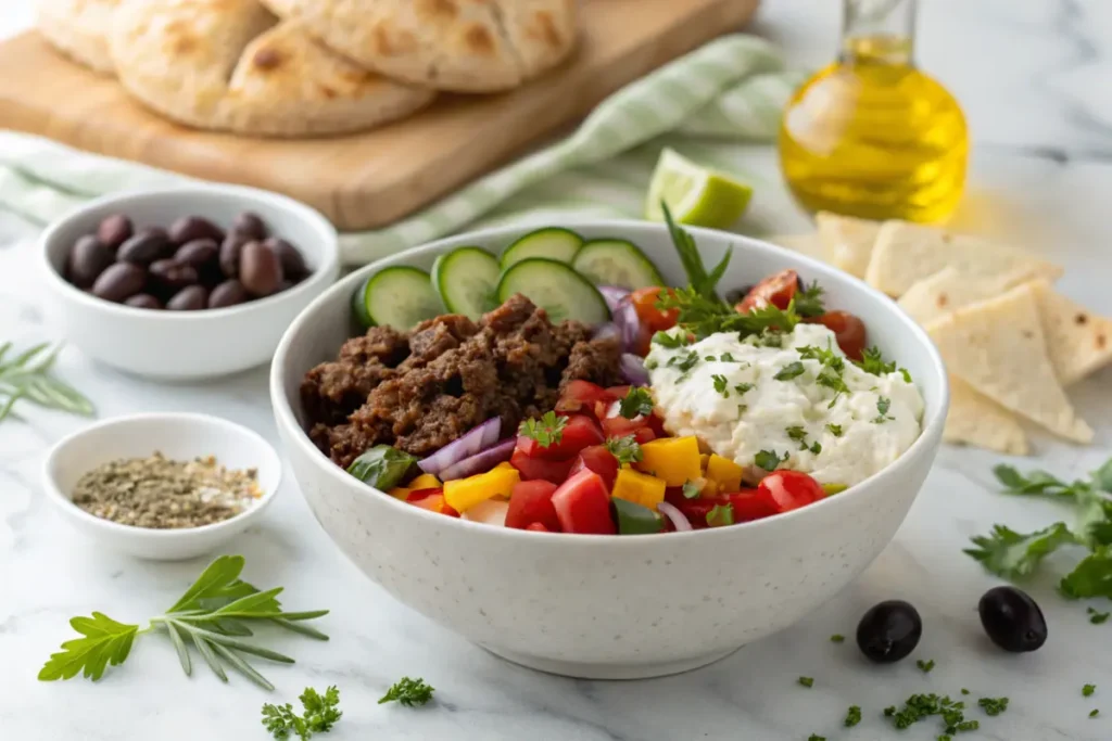 Mediterranean-inspired burger bowl with lamb, olives, and feta.