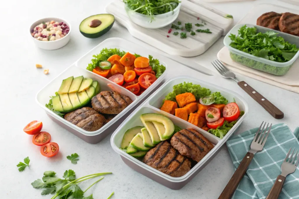 Meal-prepped burger bowls with protein and vegetables