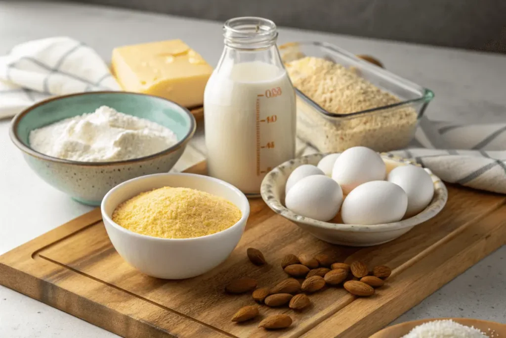  Ingredients for cornbread, including cornmeal, eggs, yogurt, almond milk, and reconstituted buttermilk