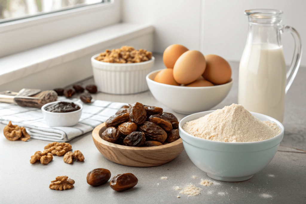 Ingredients for a date and nut loaf on a countertop