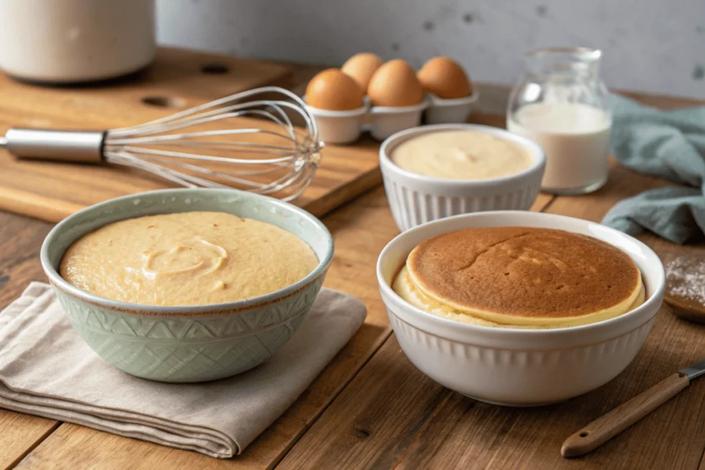 Hotcake and pancake batter comparison in bowls on a wooden countertop