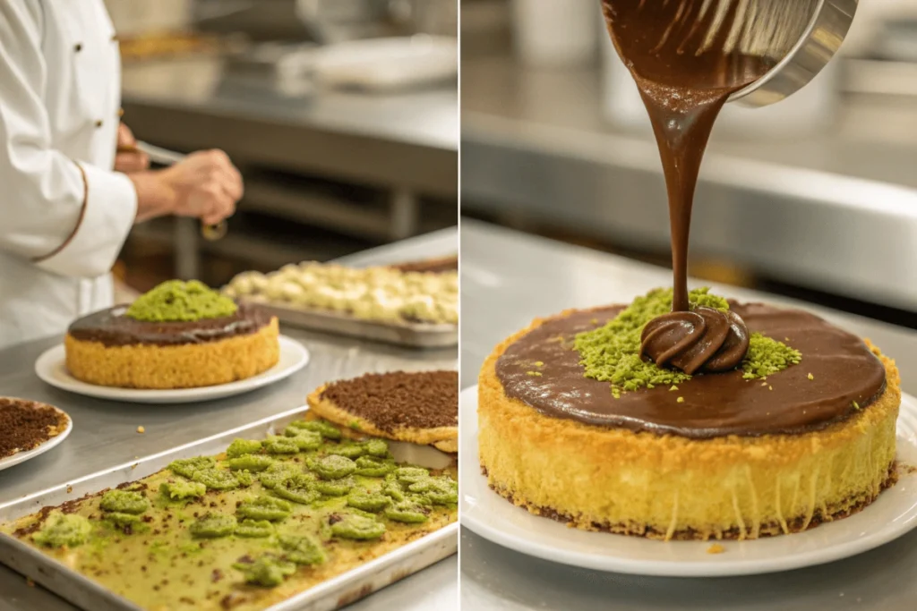 Step-by-step process of making Dubai Chocolate with kataifi, pistachio, and chocolate