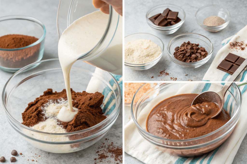 Protein pudding preparation with mixing ingredients in a bowl