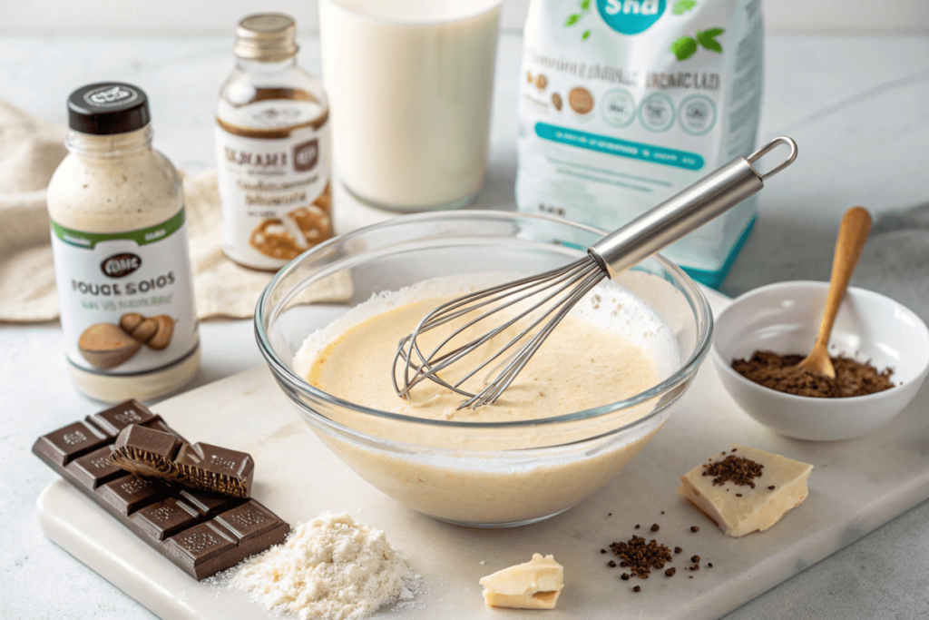 Whisking protein shake and pudding mix in a bowl