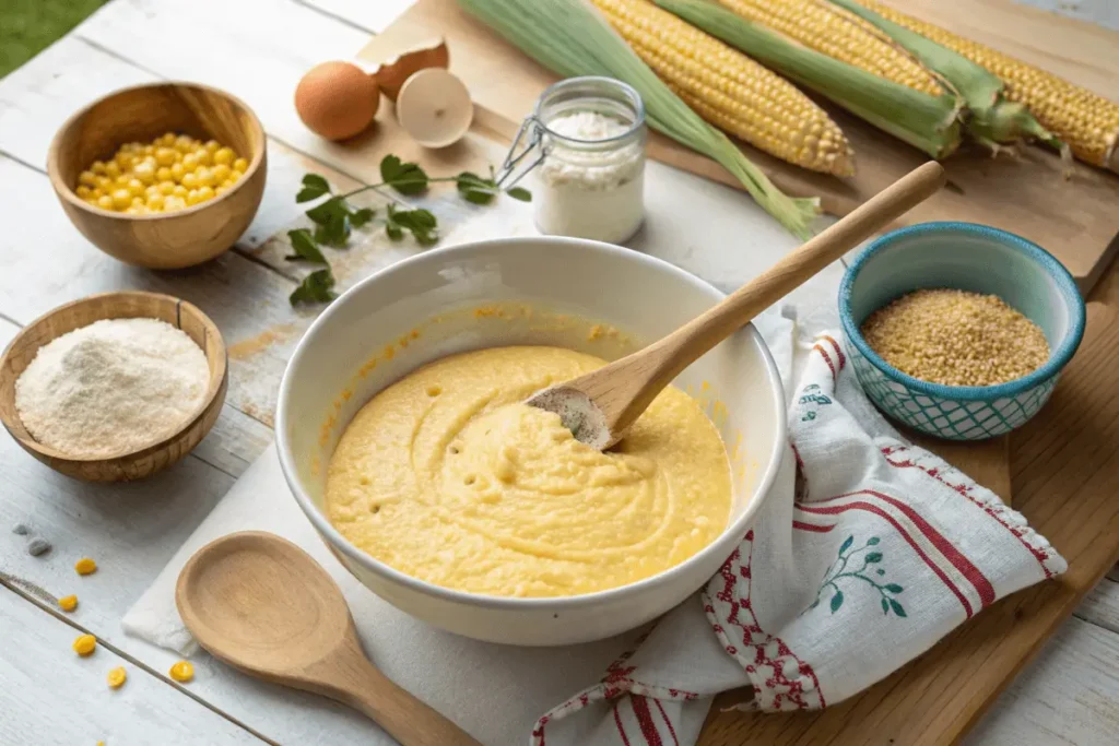 Preparing cornbread batter with self-rising cornmeal in a kitchen