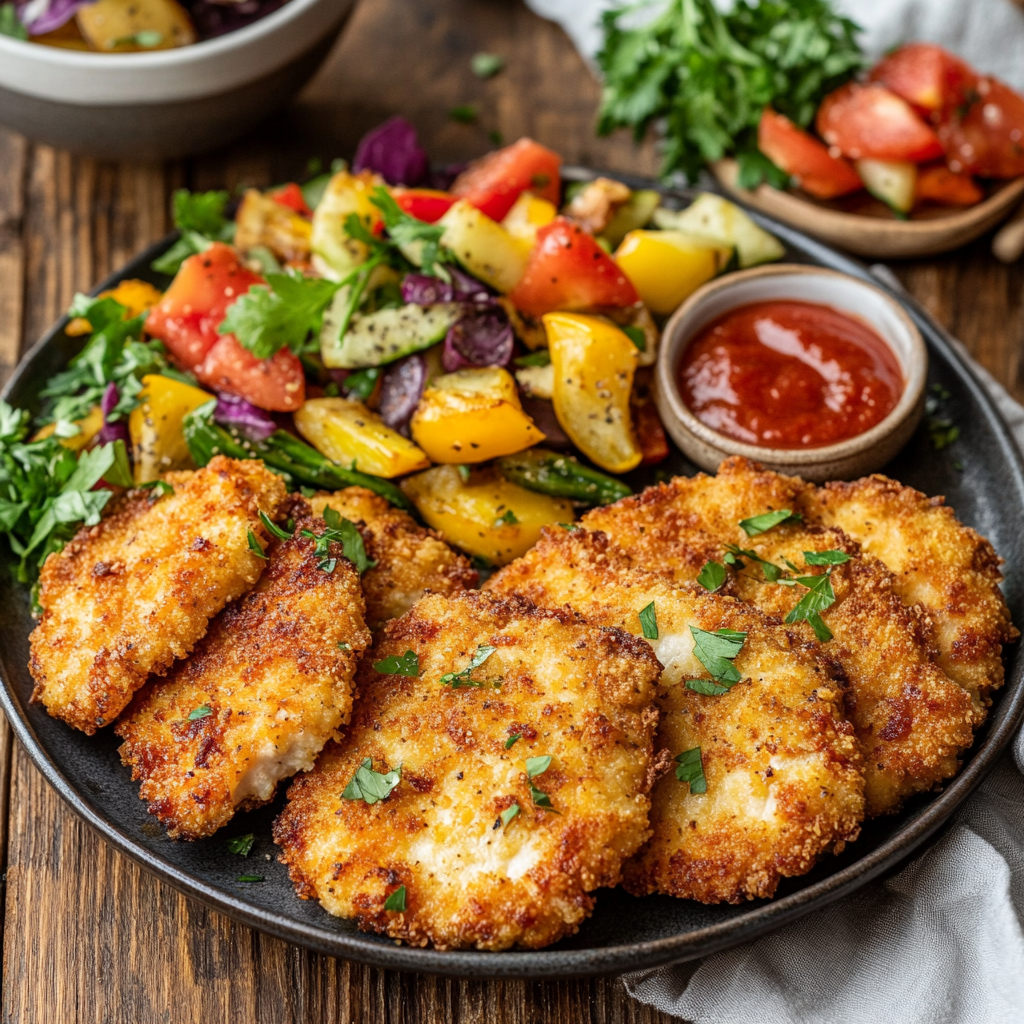 A plate of golden, crispy baked chicken cutlets garnished with fresh parsley, accompanied by roasted vegetables, marinara sauce, and a green salad on a rustic wooden table.