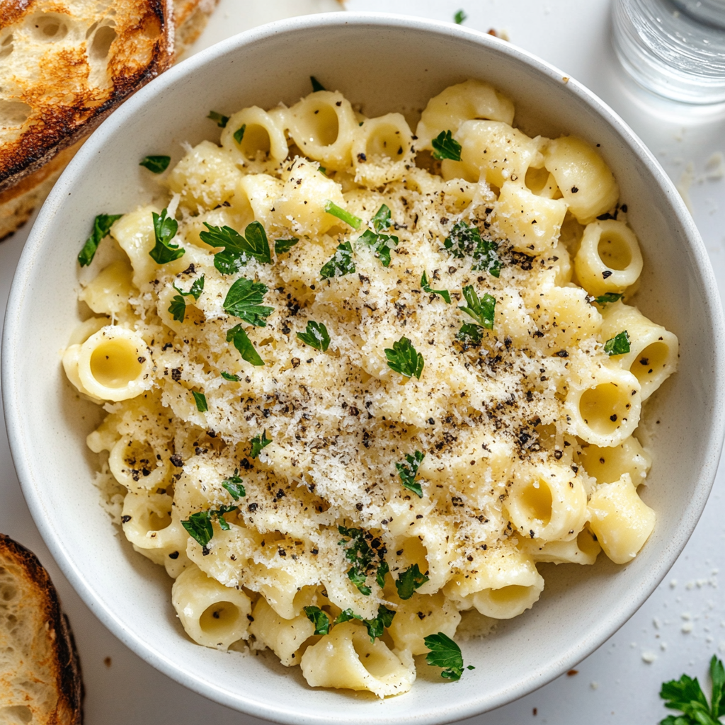 Delicious ditalini pasta with vegetables, herbs, and Parmesan in a white bowl on a rustic wooden table