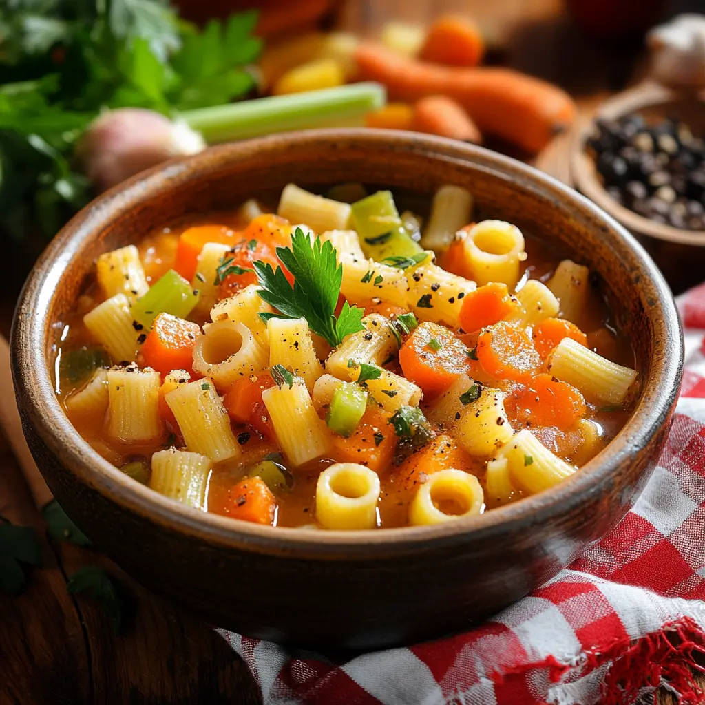 Ditalini pasta in a rustic Italian soup with vegetables.