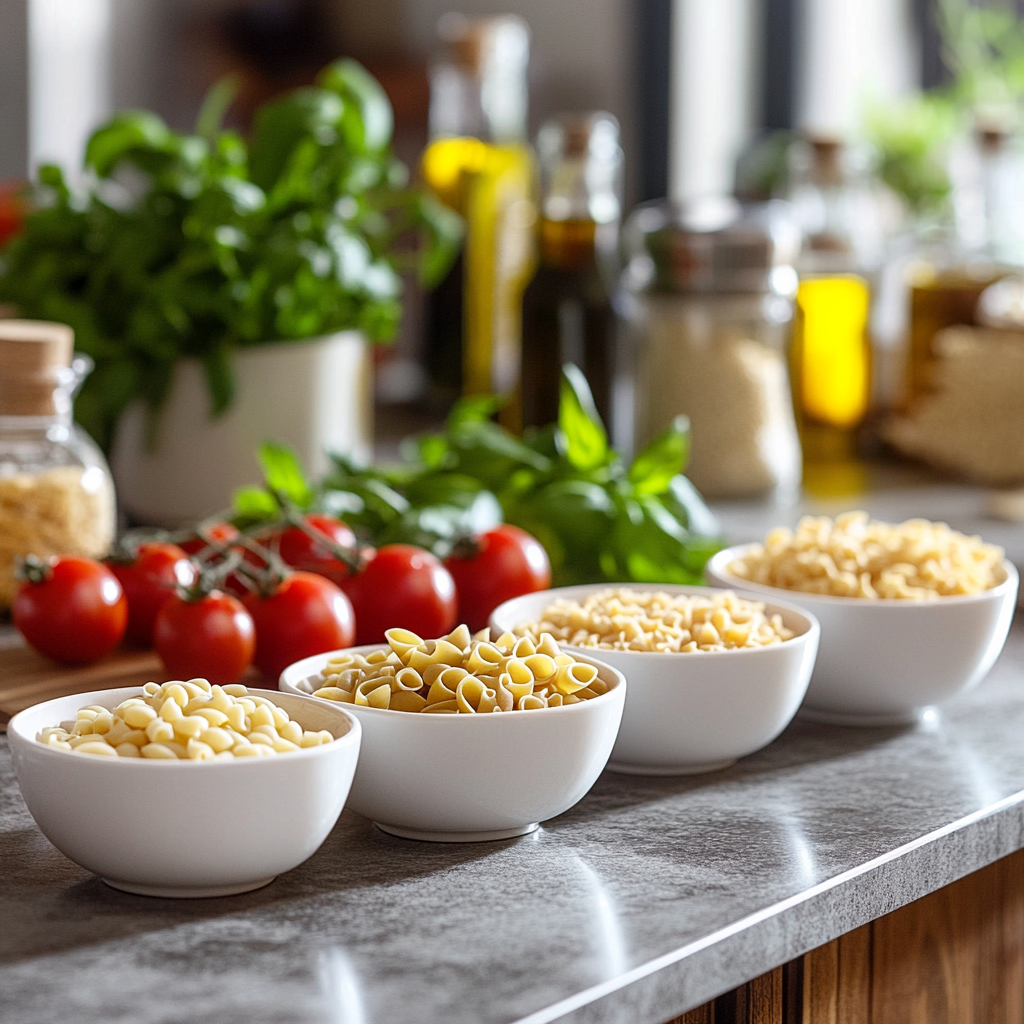 A variety of small pasta types, including ditalini, orzo, elbow macaroni, small shells, and tubetti, displayed in bowls on a countertop.