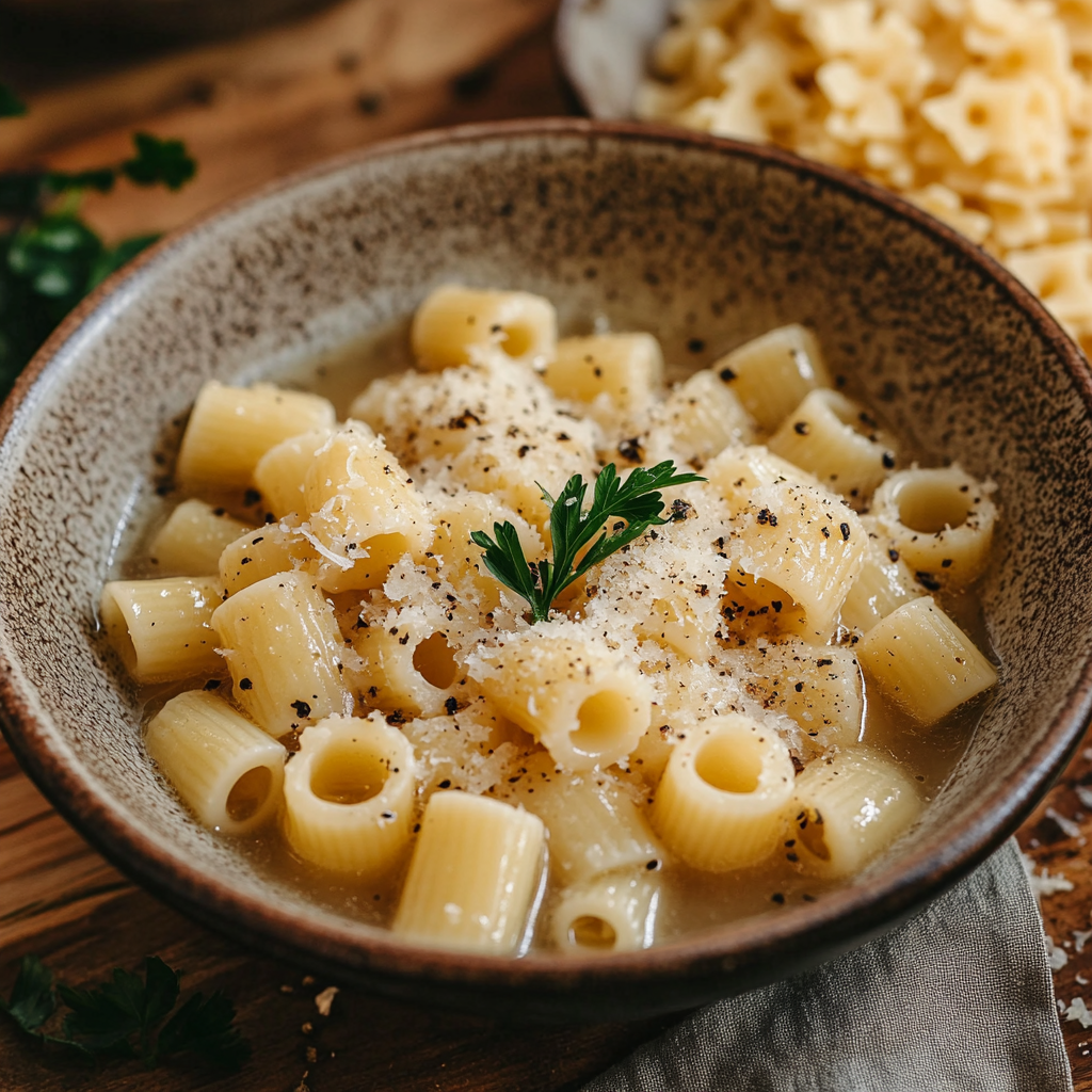Ditalini pasta soup with small pastina shapes on a rustic table.