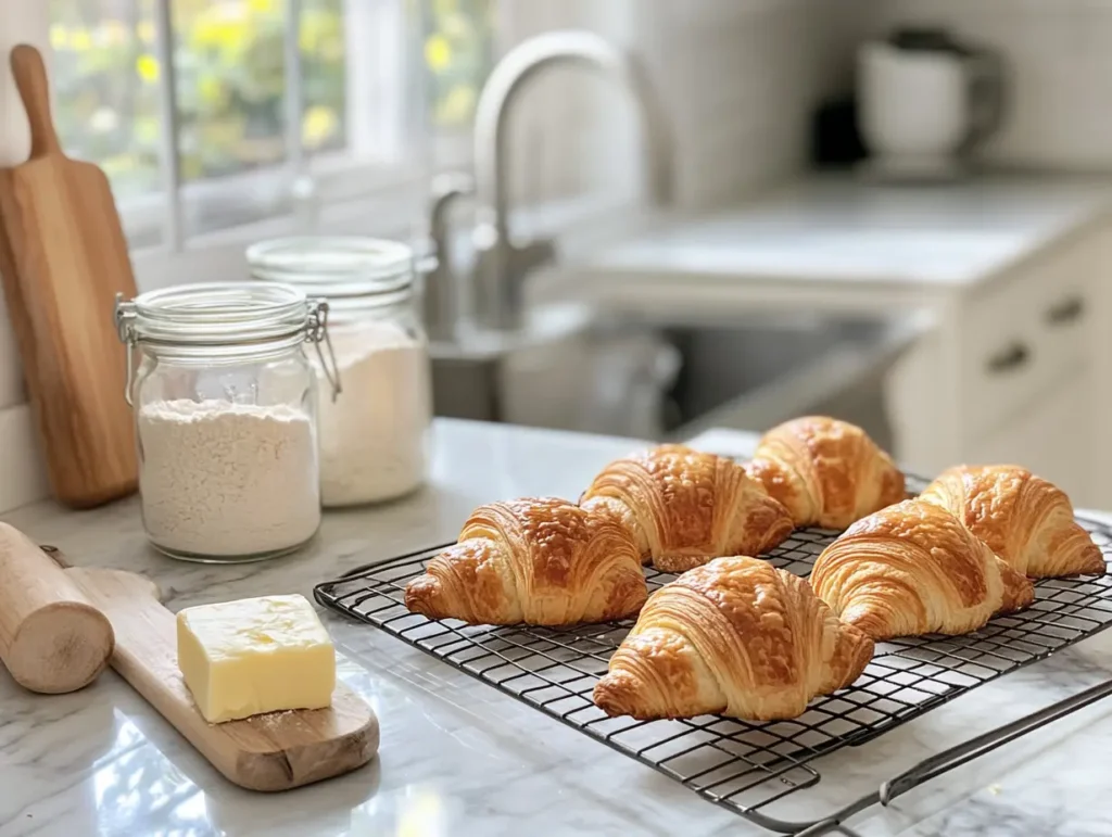 Golden flaky croissants on a cooling rack with baking tools in a cozy kitchen.
