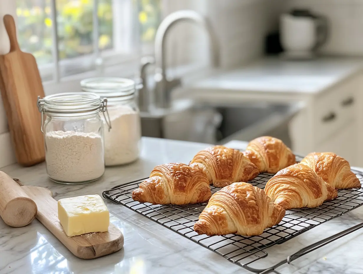 Golden flaky croissants on a cooling rack with baking tools in a cozy kitchen.