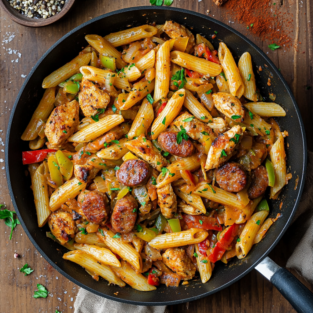 Skillet of hearty pastalaya paired with sausage, chicken, and vegetables, showcasing a perfect example of what goes with pastalaya