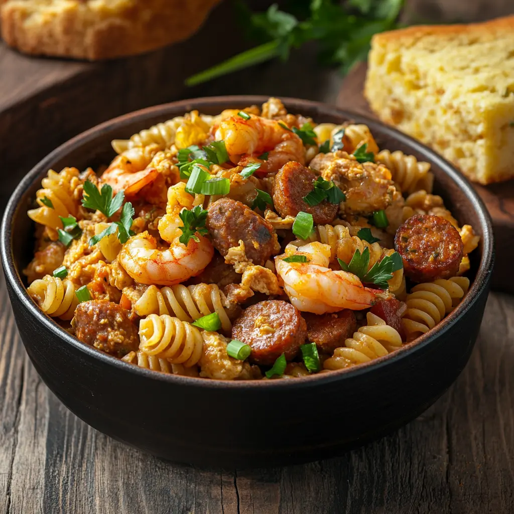 A natural, realistic scene of a freshly cooked bowl of pastalaya on a rustic wooden table. The dish includes pasta, sausage, chicken, shrimp, and vibrant Cajun spices. Garnished with parsley and green onions, served with a side of cornbread. The image features natural soft lighting with a warm, inviting feel.
