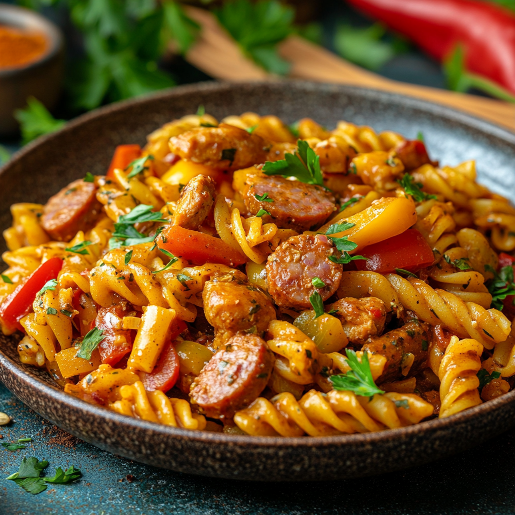 A plate of Cajun pastalaya with pasta, chicken, sausage, and colorful vegetables, garnished with parsley, served in a rustic setting.