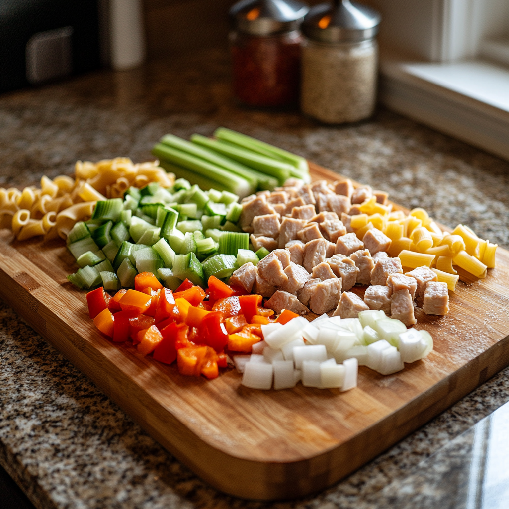 Fresh ingredients for pastalaya arranged on a cutting board under natural lighting.