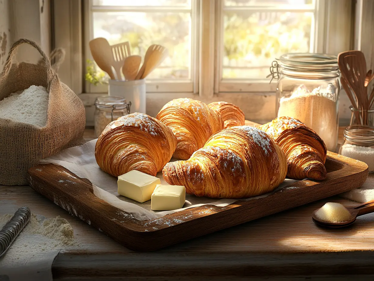 A combination of raw croissant dough, shaped pastries on a tray, and baked croissants alongside ingredients like flour, butter, and sugar in a rustic kitchen.
