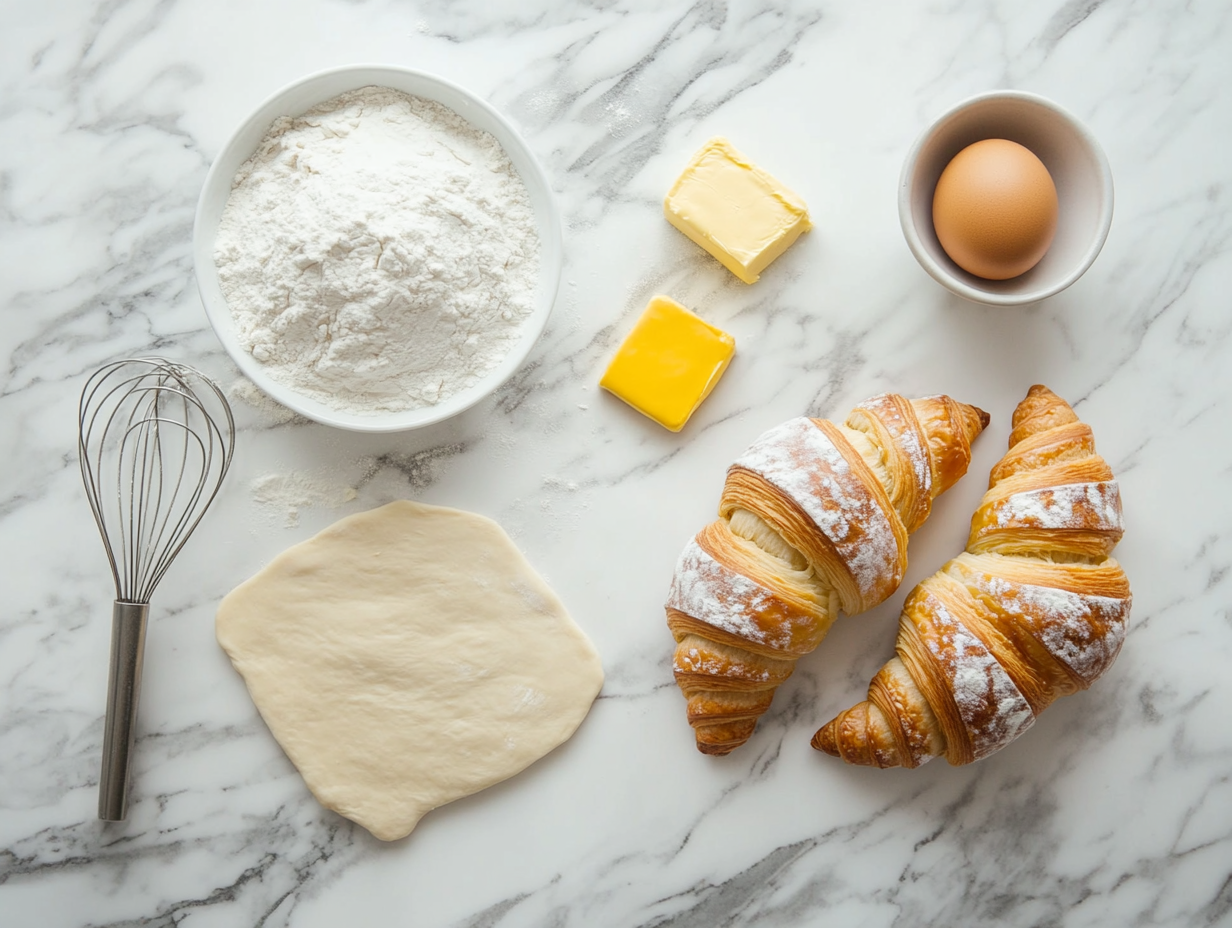 A warm kitchen scene featuring golden, flaky croissants resting on a wooden board, surrounded by flour, a rolling pin, and a butter block, with soft natural lighting highlighting the layers and texture of the croissants