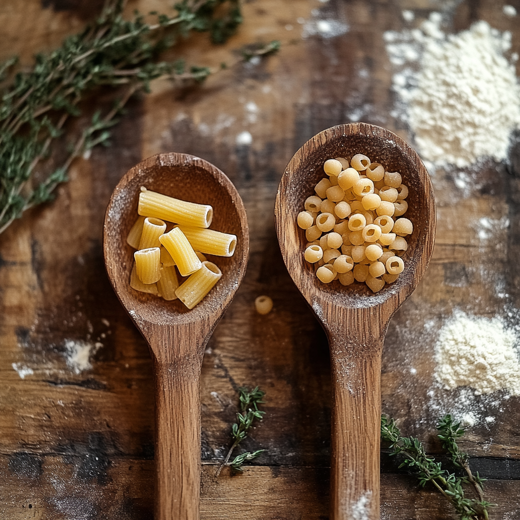 Two wooden spoons side by side, one filled with ditalini pasta (small, short tubes) and the other with acini di pepe (tiny, round pasta), on a rustic kitchen table with scattered flour and herbs.