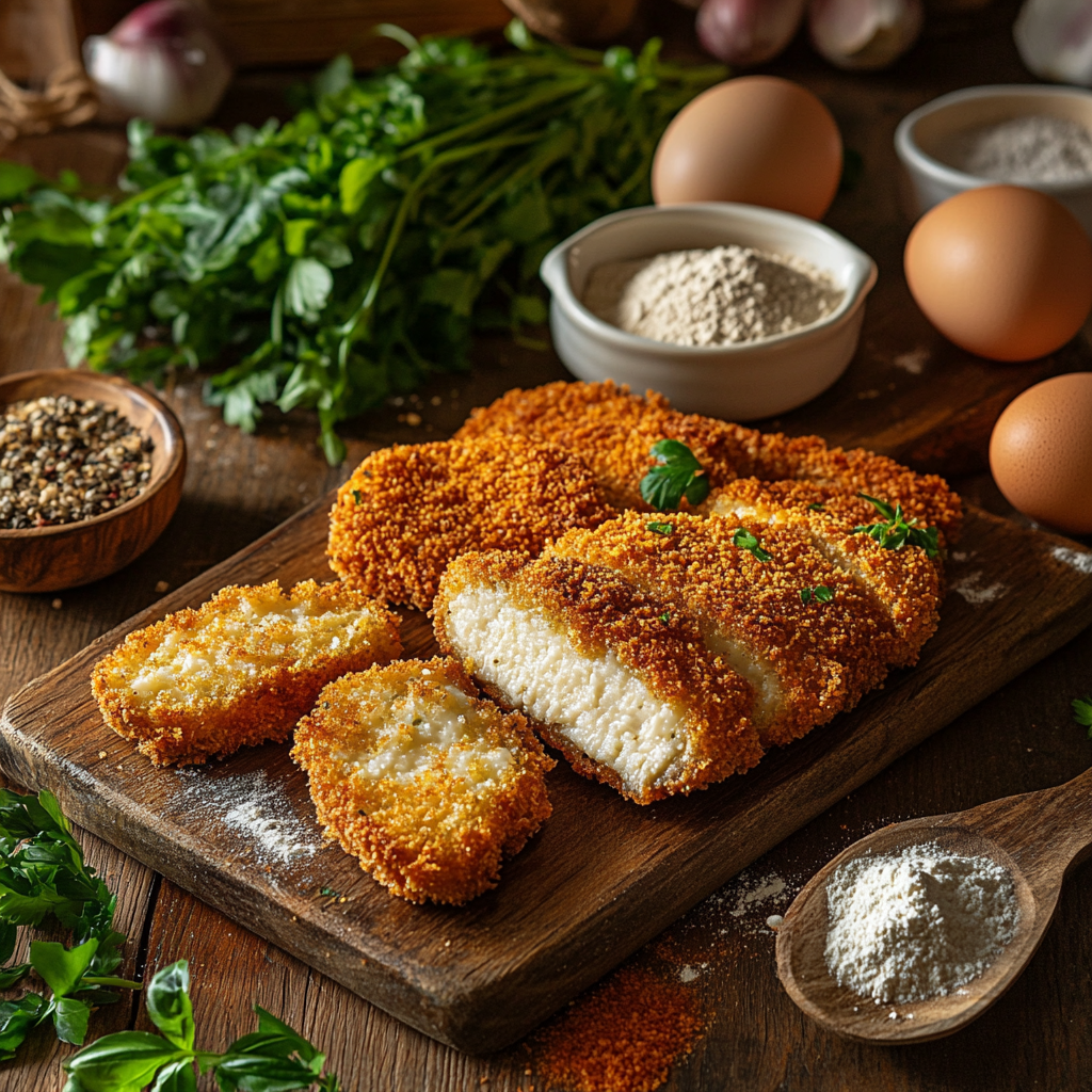 Golden crispy breaded cutlets with flour, egg, and breadcrumbs.