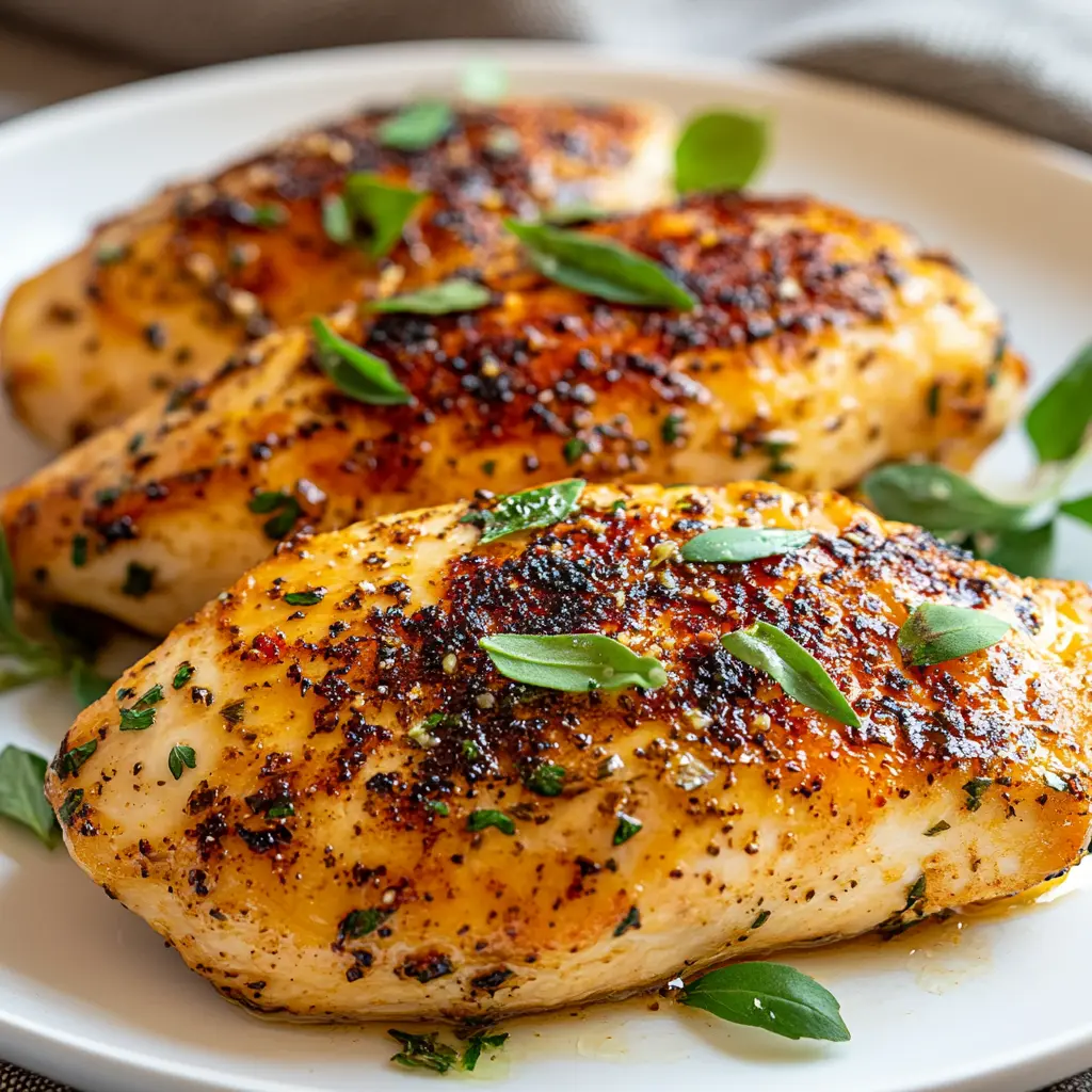 Juicy baked chicken breasts on a plate with herbs.
