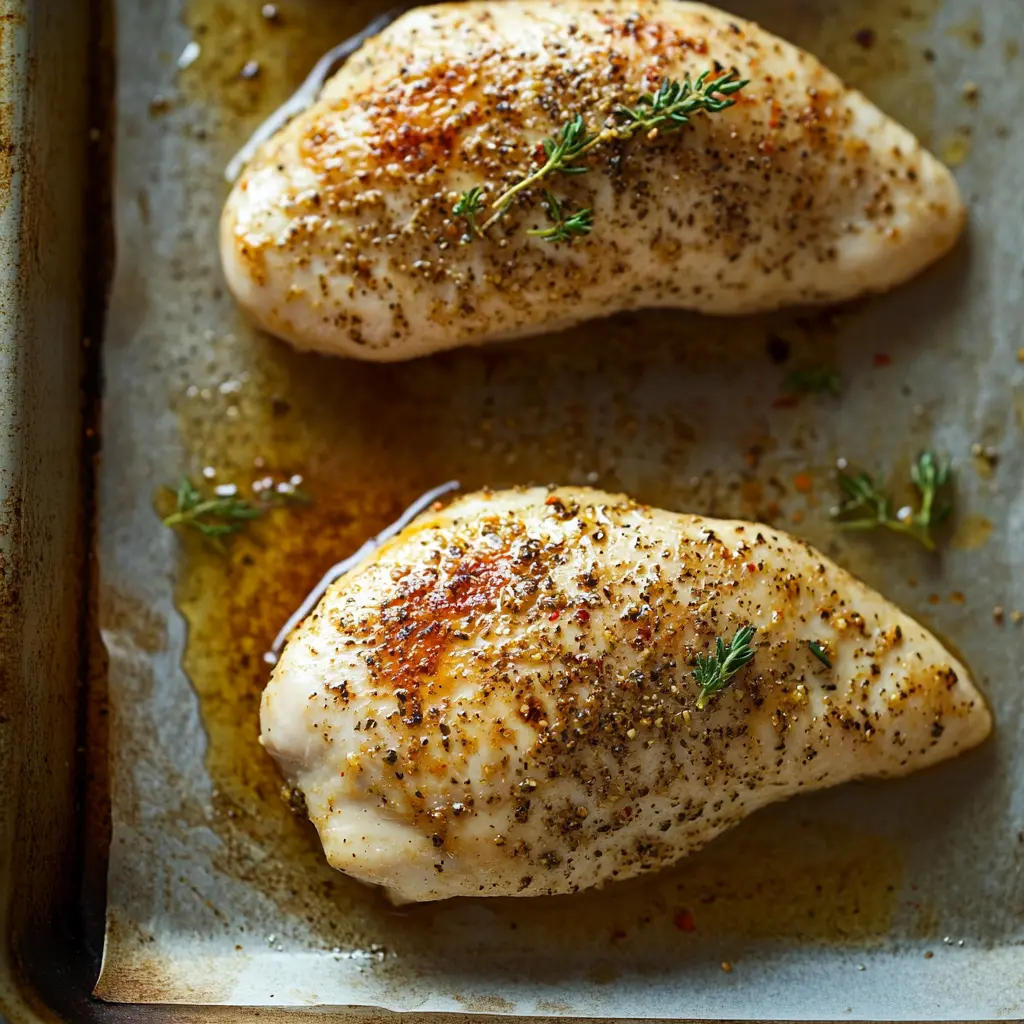 Step-by-step preparation and baking of thin chicken breasts at 400°F, including seasoning, baking, and checking doneness with a meat thermometer.