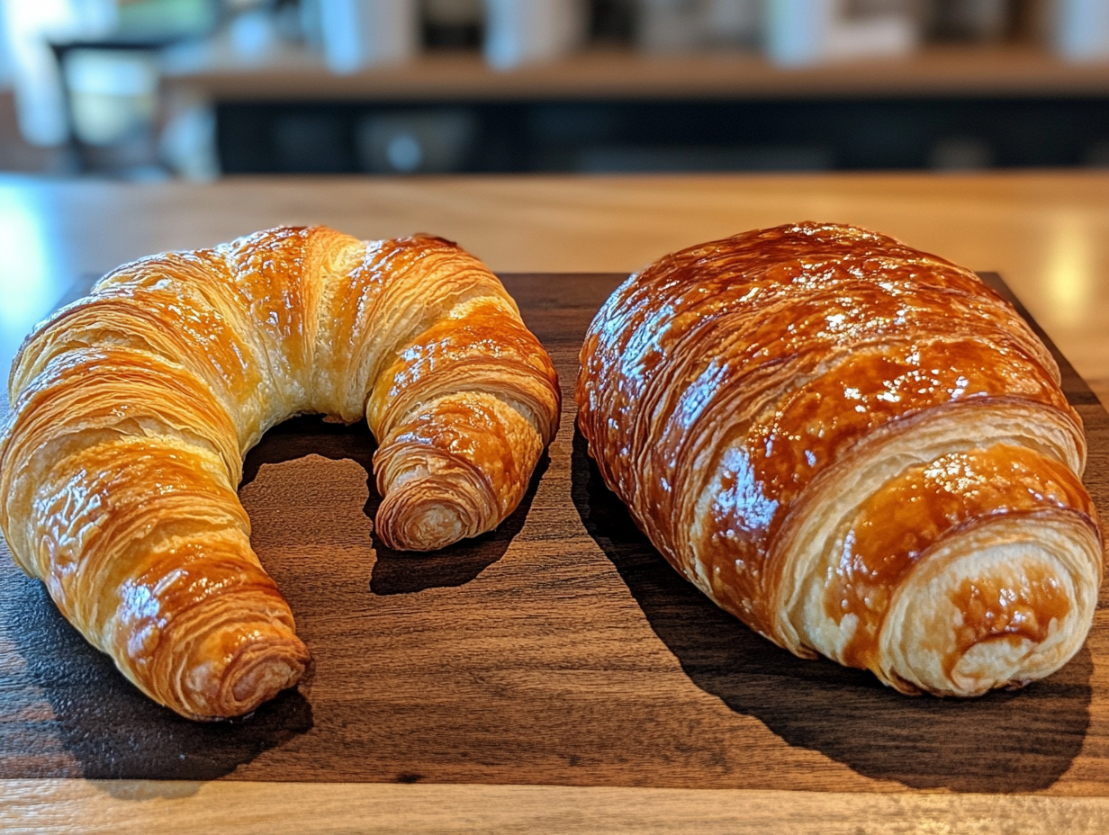 Side-by-side comparison of a flaky French croissant and a dense Swiss gipfeli, showcasing their distinct textures, shapes, and golden finishes.