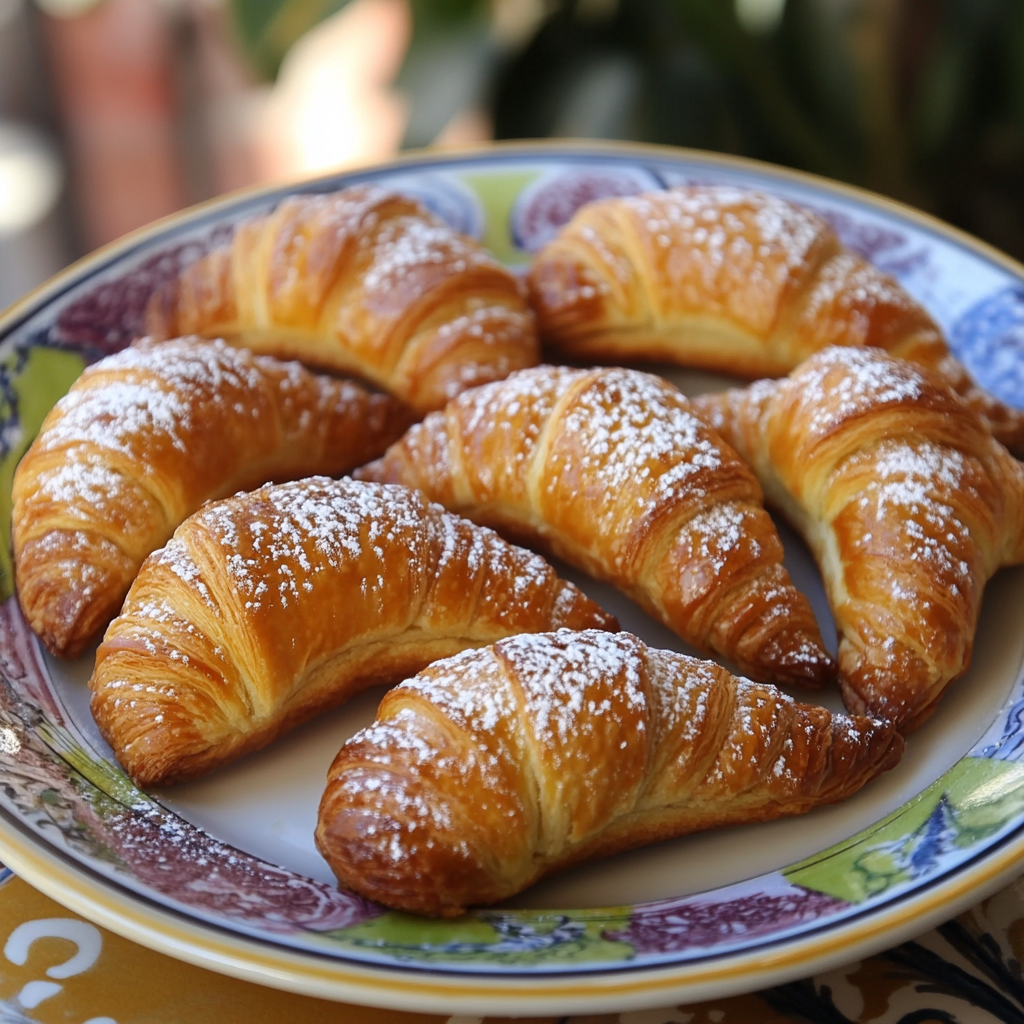 Golden Gipfeli pastries on a breakfast table with jam, honey, and coffee, highlighted by natural sunlight streaming through a kitchen window.