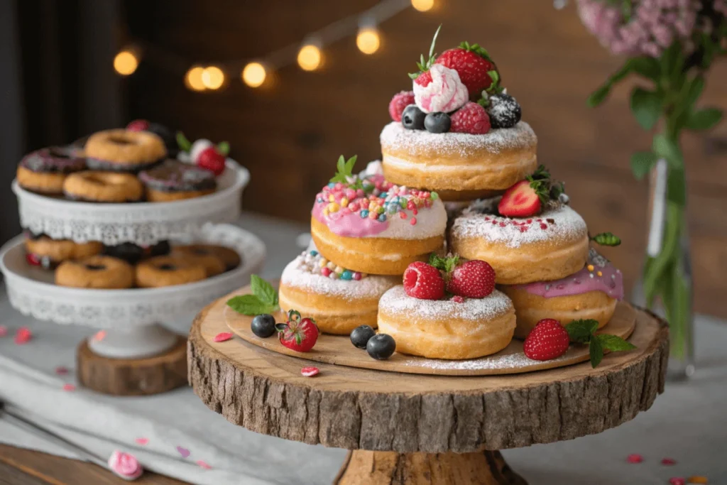 Colorful donut cake stacked with frosted donuts and berries