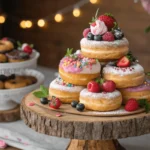 Colorful donut cake stacked with frosted donuts and berries