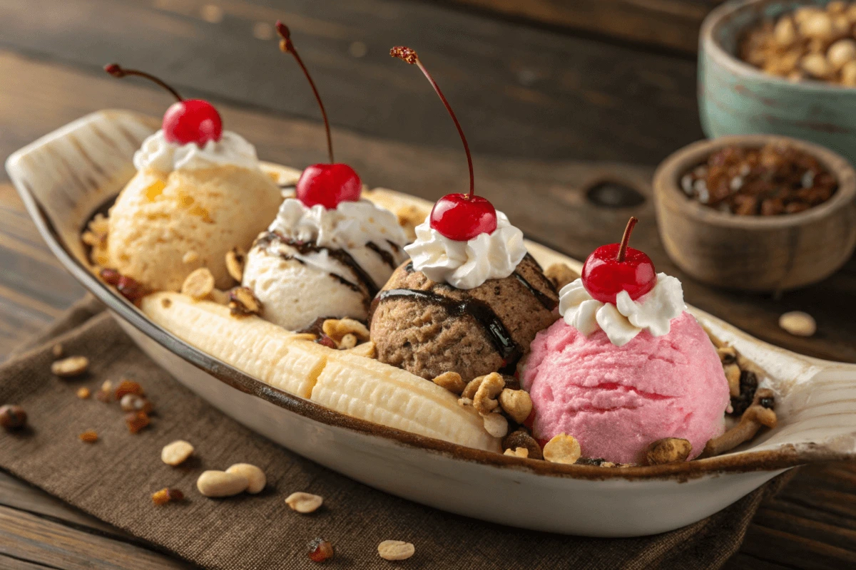 Classic banana split with ice cream, syrups, whipped cream, and cherries in a long dish