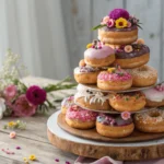 Decorated donut cake with colorful glazes and edible flowers on a wooden table