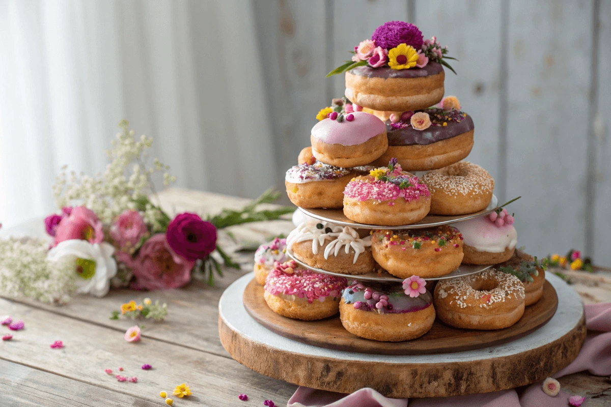 Decorated donut cake with colorful glazes and edible flowers on a wooden table