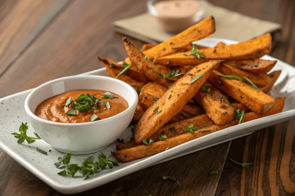 Crispy baked sweet potato fries with dipping sauce