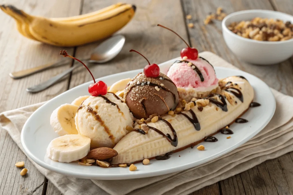 A classic banana split dessert with ice cream, whipped cream, and toppings