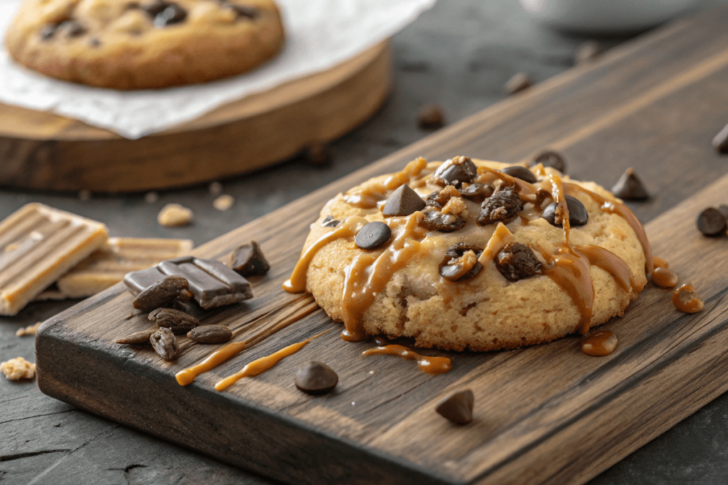 A partially eaten Crumbl cookie dough cookie with its gooey center visible