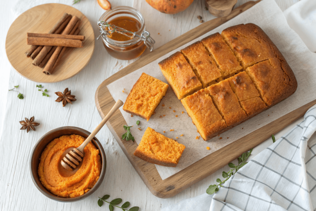 Freshly baked sweet potato cornbread with rustic decor