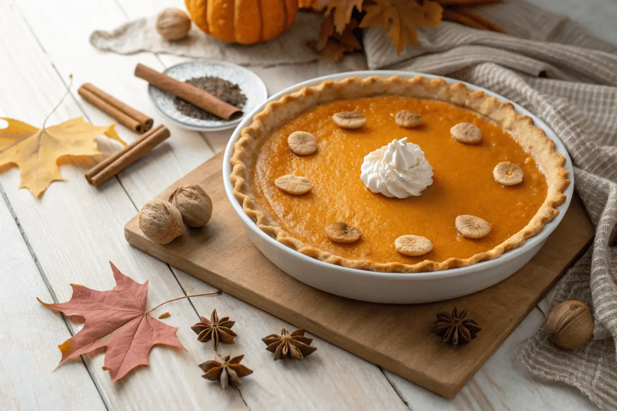 A perfectly baked sweet potato pie with fall decorations