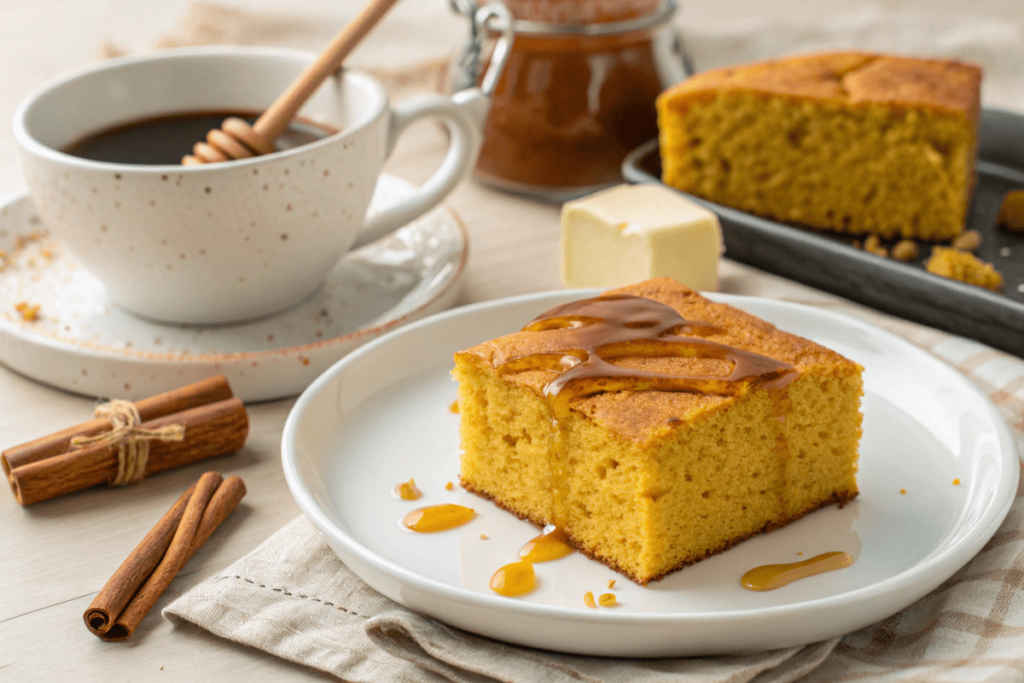 A slice of sweet potato cornbread with honey drizzle